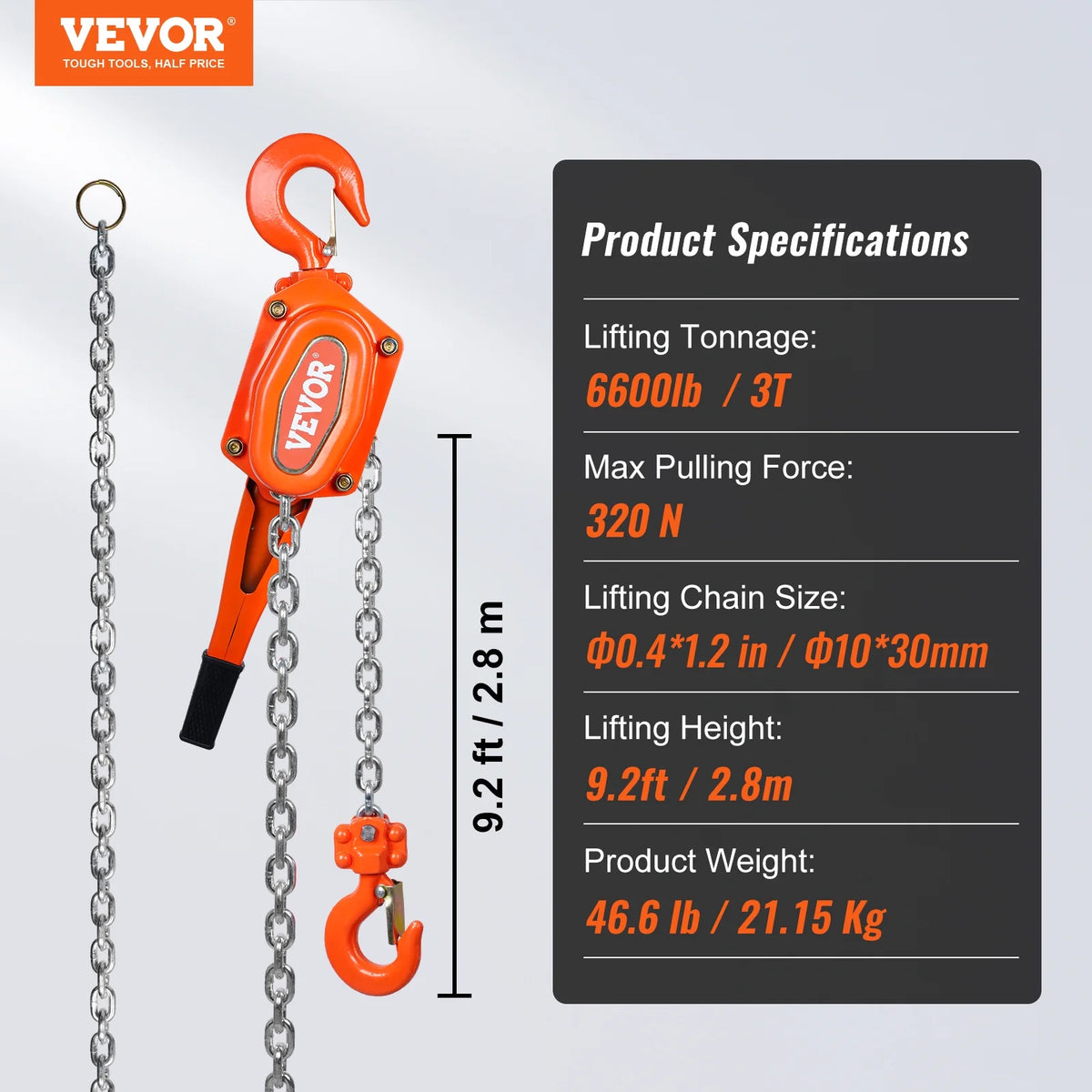 VEVOR Manual Lever Chain Hoist, 3 Ton 6600 lbs Capacity 10 FT Come Along, G80 Galvanized Carbon Steel with Weston Double-Pawl Brake, Auto Chain Leading & 360�� Rotation Hook, for Garage Factory Dock