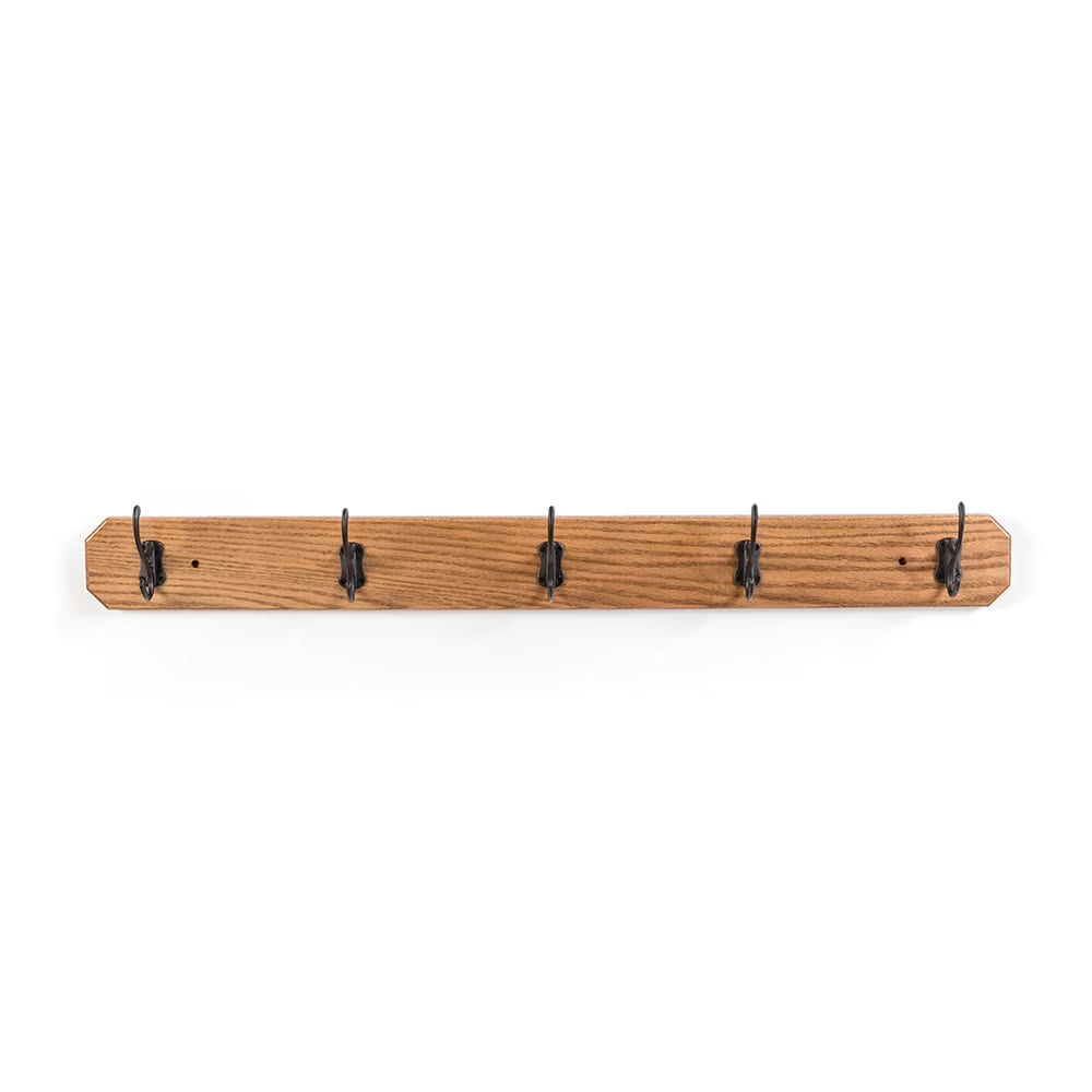 Amish Handmade Oak Wall Mount Board Space Saving Coat Rack 5 Metal Hook