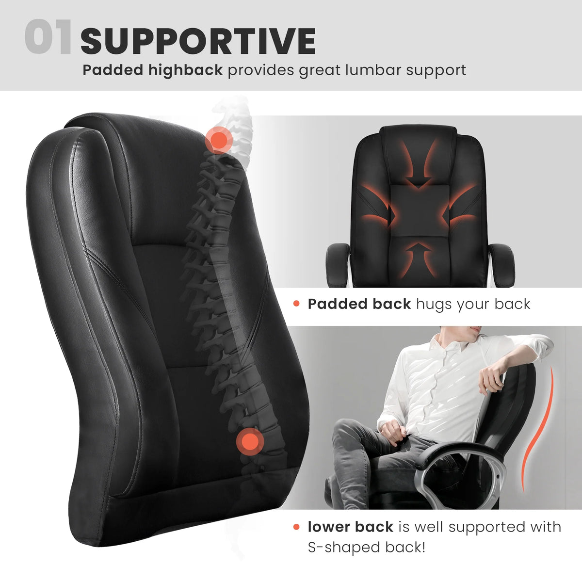 NEO CHAIR Home Office Chair, Heavy Duty Leather Office Chair, Ergonomic High Back Cushion Lumbar Back Support, Computer Desk Executive Chair for Work, 8 Hours Comfort, Jet Black