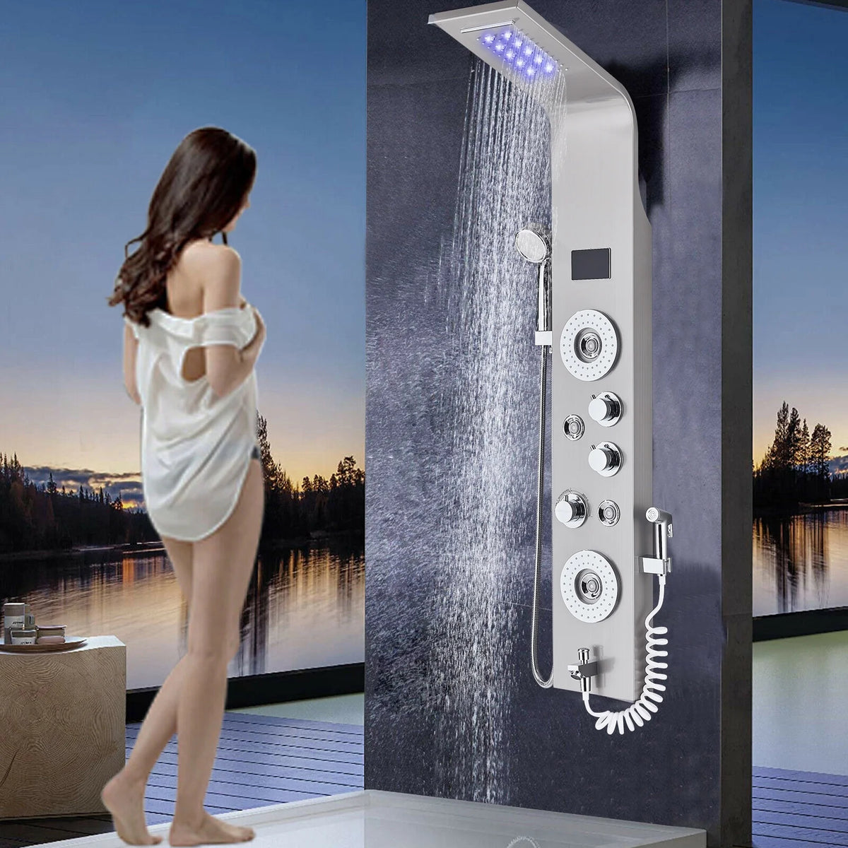 Shower Panel Tower System LED Rain&Waterfall Massage Jet Sprayer Stainless Steel