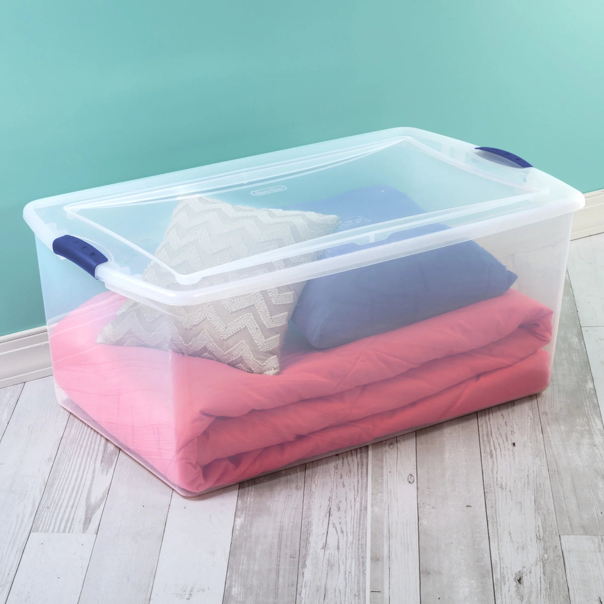 Sterilite 105 Quart Latch Box, Clear Plastic Storage Bin with Clear Lid, Blue, 4 Count