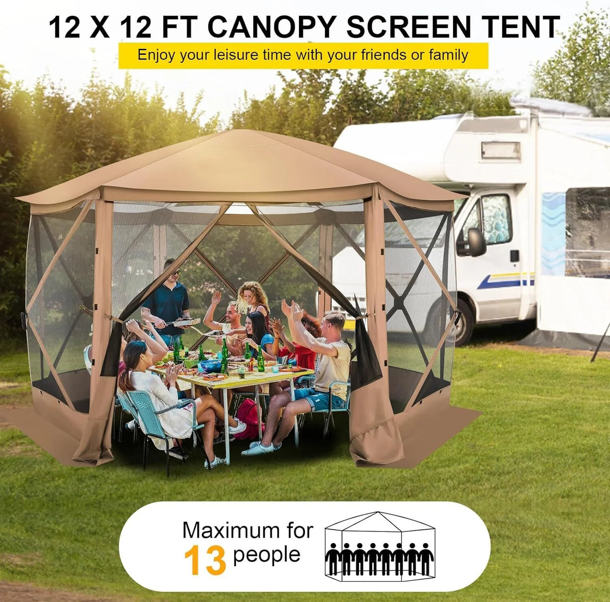 COBIZI 12x12ft Pop-up Gazebo Screen Tent Screen House with sidewalls and Mosquito Netting for Camping, Waterproof, UV Resistant, EZ Set-up Party Canopy with Carrying Bag and Ground Stakes, Brown