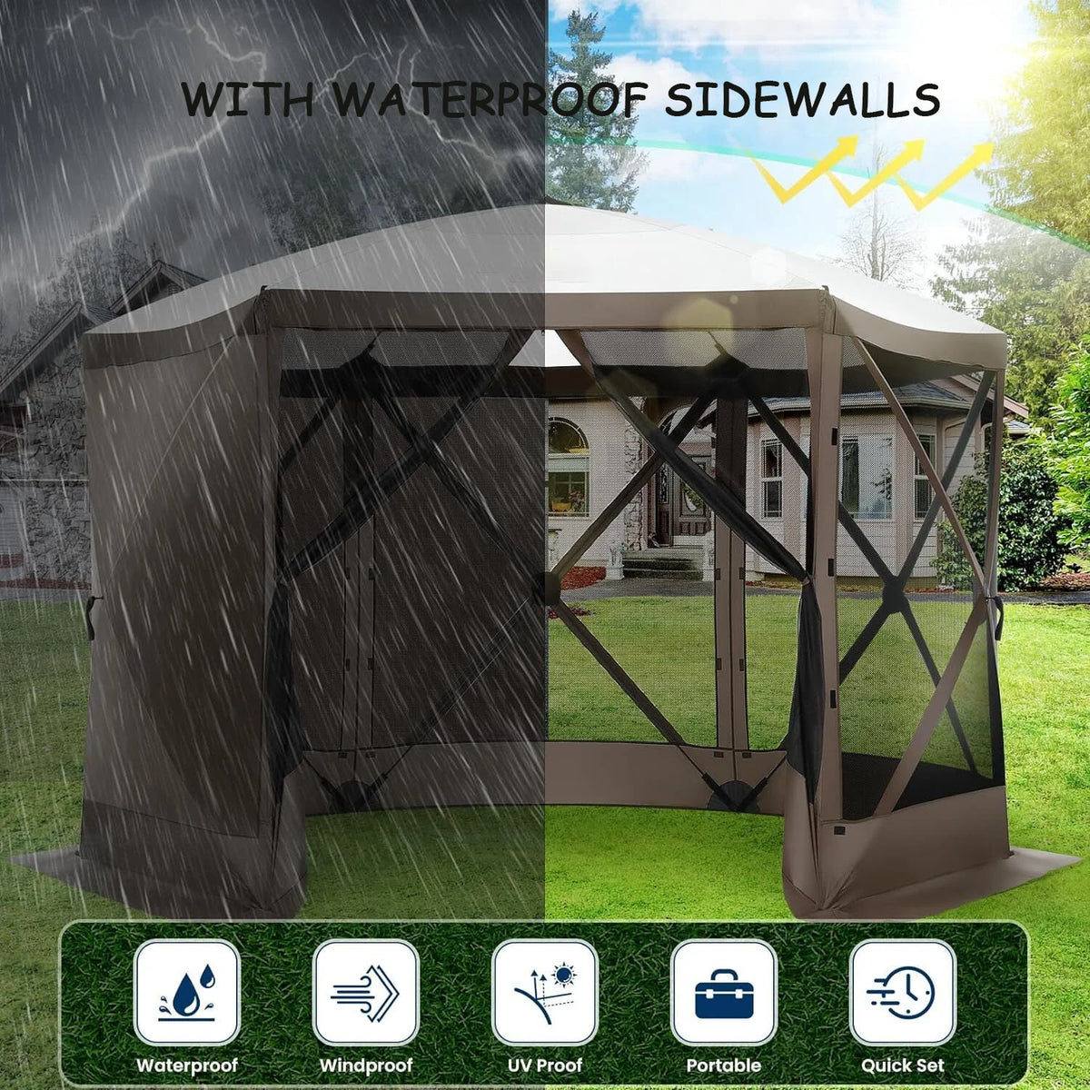COBIZI 12x12ft Pop-up Gazebo Screen Tent Screen House with sidewalls and Mosquito Netting for Camping, Waterproof, UV Resistant, EZ Set-up Party Canopy with Carrying Bag and Ground Stakes, Brown