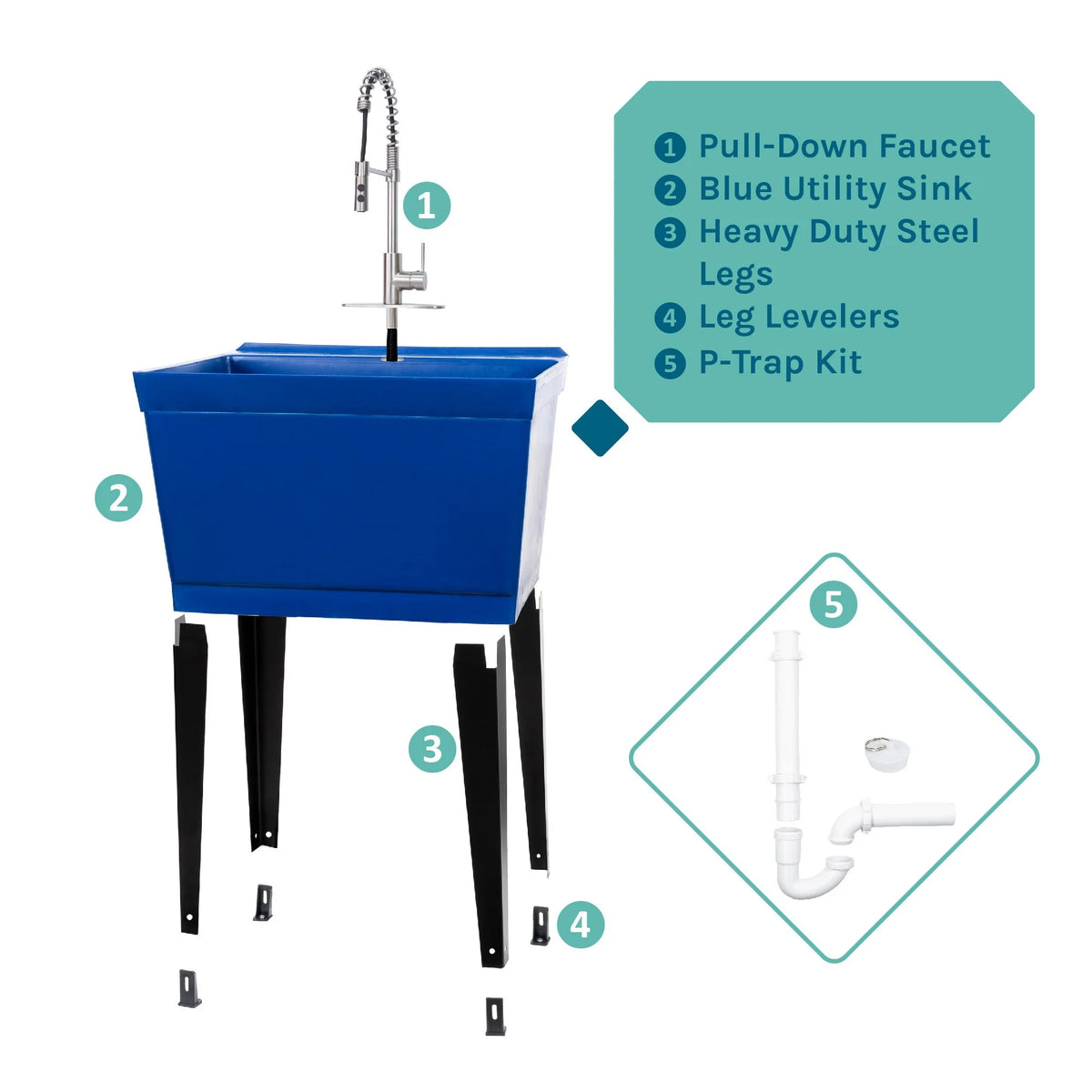 Tehila Blue 19 Gallon Utility Sink with High-Arc Stainless Finish Coil Pull-Down Faucet