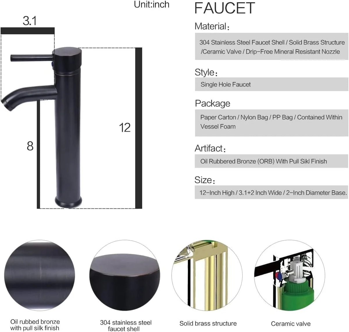 FULLWATT Bathroom Ceramic Sink Vanity Vessel Basin Porcelain Faucet Drain Combo Rectangle,White