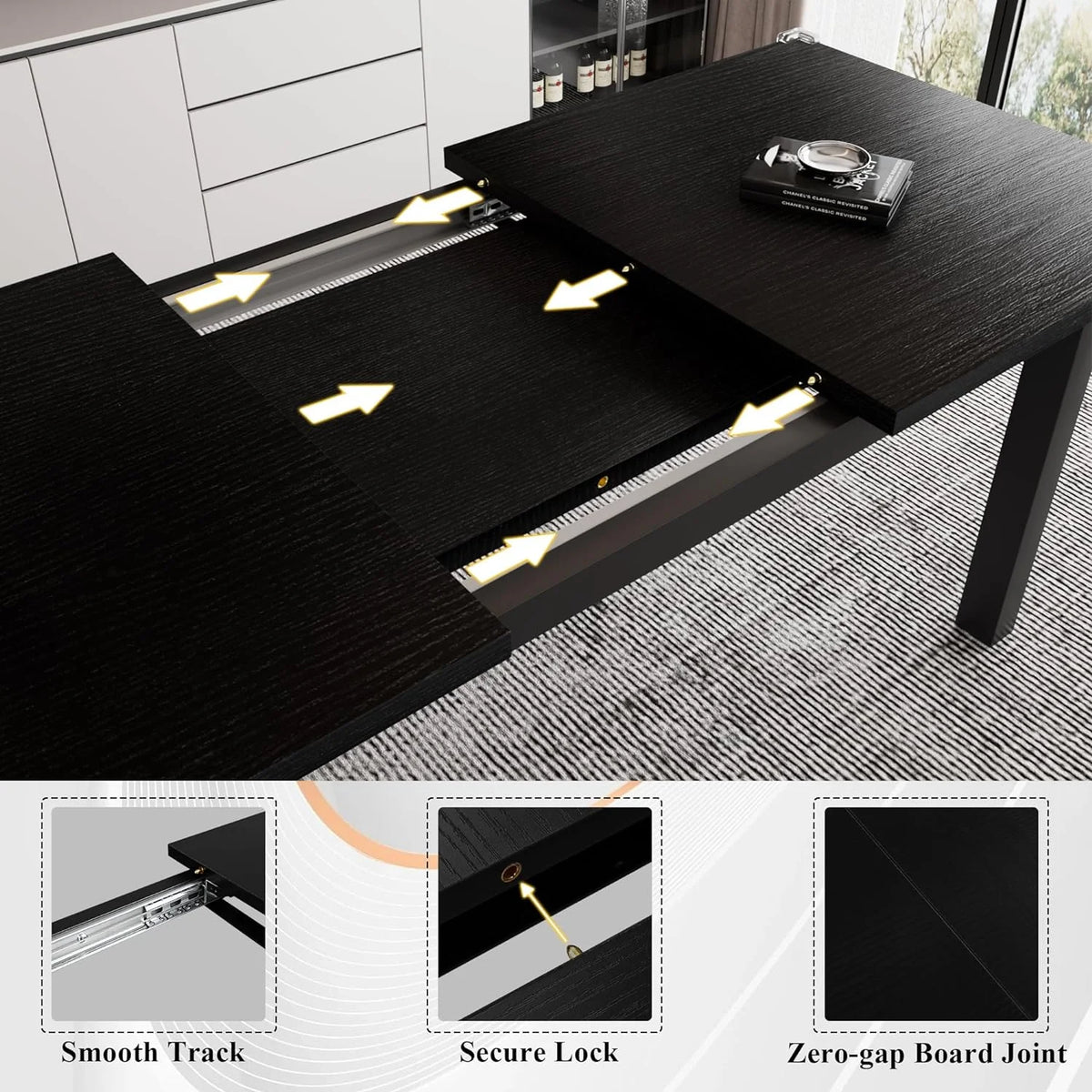 iPormis 5-Piece Dining Table Set for 4-8 People, Extendable Kitchen Table Set with 2 Benches and 2 Square Stools, Black