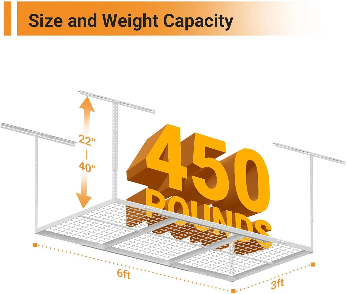 3x6ft Overhead Garage Storage Rack, Heavy Duty Metal Ceiling Shelf, 22'' to 40" Adjustable Dropdown, 450lbs Loading Weight Capacity, White