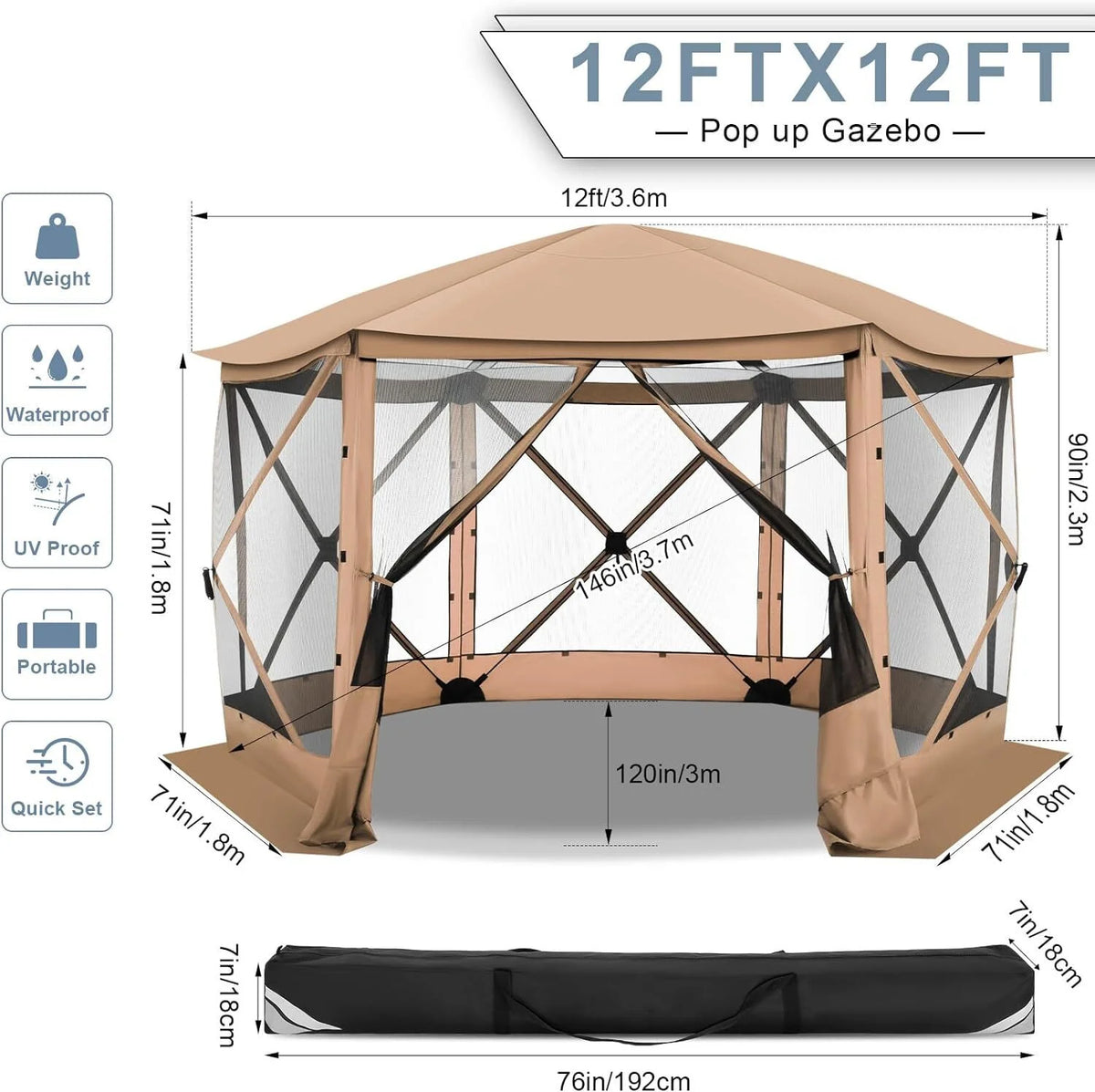 COBIZI 12x12ft Pop-up Gazebo Screen Tent Screen House with sidewalls and Mosquito Netting for Camping, Waterproof, UV Resistant, EZ Set-up Party Canopy with Carrying Bag and Ground Stakes, Brown