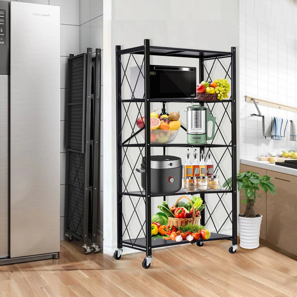 Vebreda 5 Tier Storage Shelves Foldable Metal Shelving Units Storage Racks with Lockable Wheels, Black