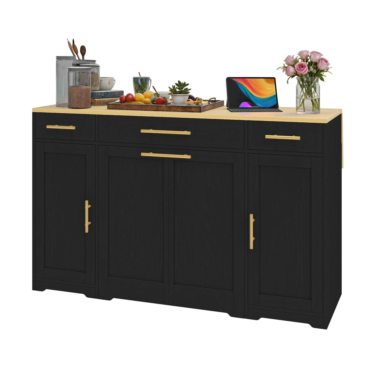 DEXTRUS Kitchen Island Table with Drawers & Doors, Storage Cart with Cabinet for Double 10-gal Trash Bin, White