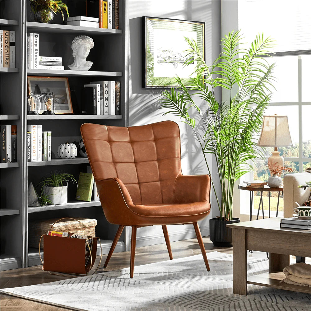 Topeakmart Faux Leather Wingback Accent Chair for Living Room, Brown
