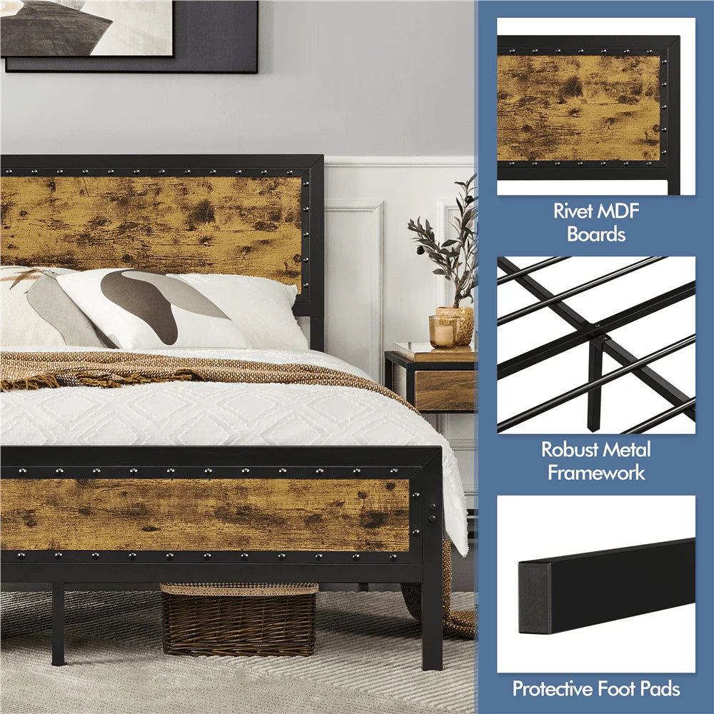 Topeakmart Industrial Metal Bed Frame with Wooden Headboard and Footboard, Full Size, Rustic Brown