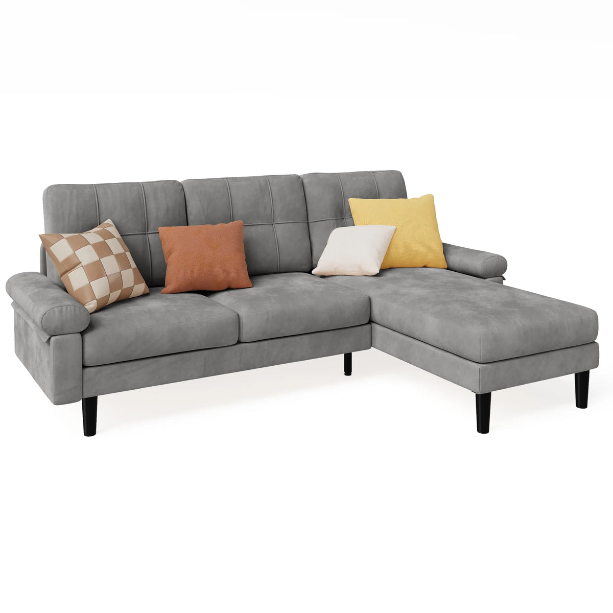 Lofka 82" L-Shaped Couches for Living Room, 3 Seat Convertible Sofa with Soft Velvet, Removable Pillows & Armrests, Thick 5.5" cushions, Dark Gray