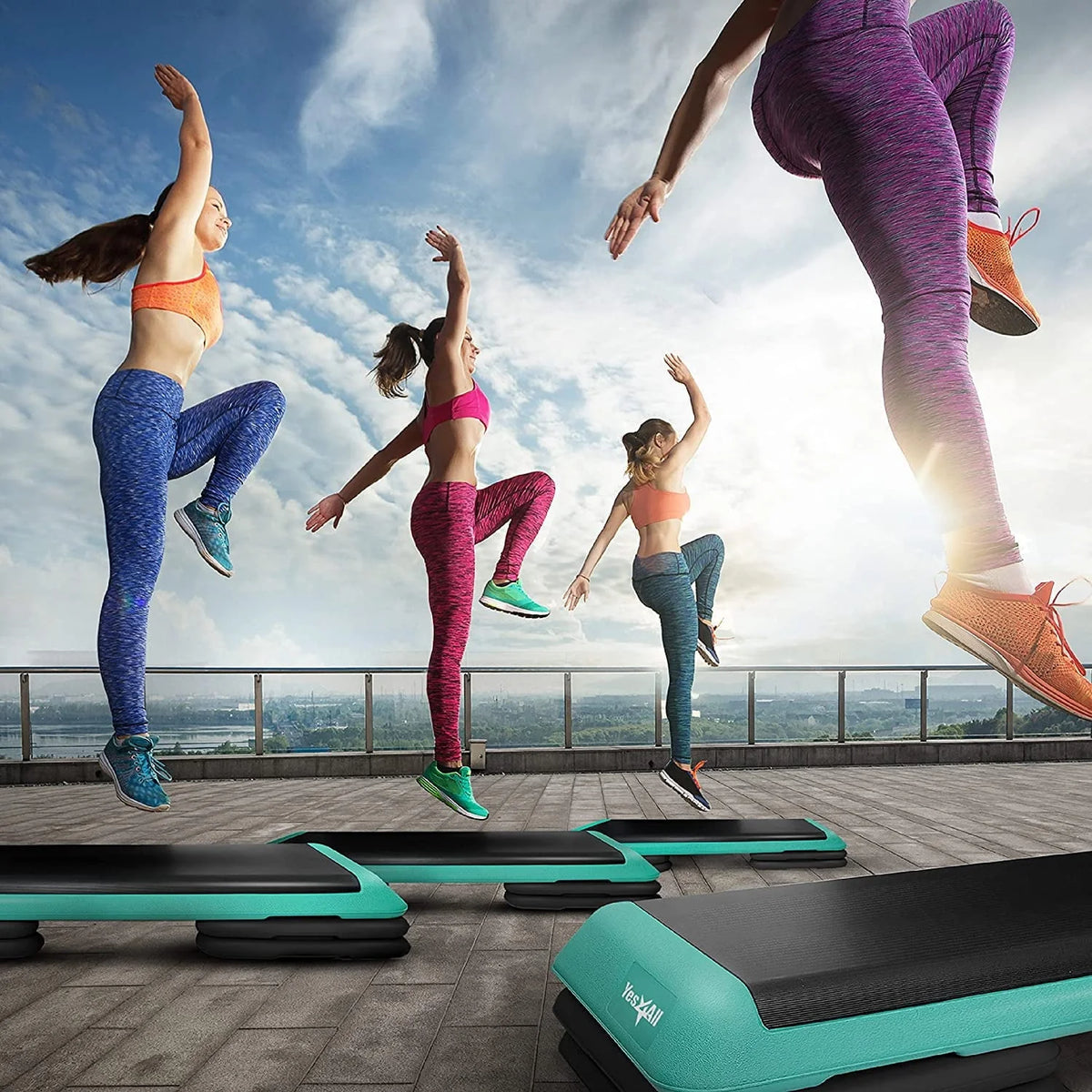Yes4All Adjustable Aerobic Step Platform, 40 in x 16 in with 4 Risers, Black and Green