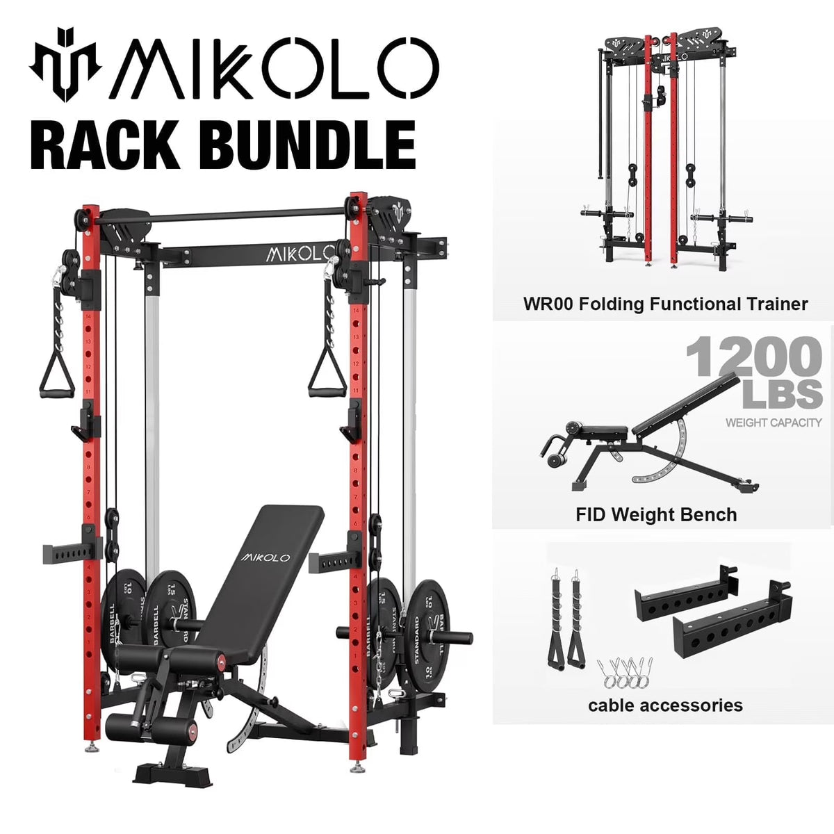 Mikolo Foldable Power Rack Cage,1000lbs Capacity Wall Mounted Squat Rack with independent pulley system, Space Saving Home Gym Equipment with 5 Adjustable Angle