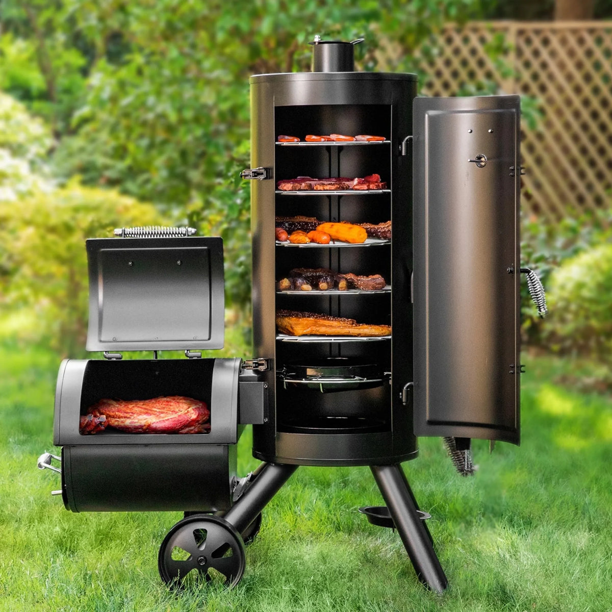 Summit Living Vertical Charcoal Smoker Grill with Offset Smoker 961 sq.in. Extra Large BBQ Grill - Black