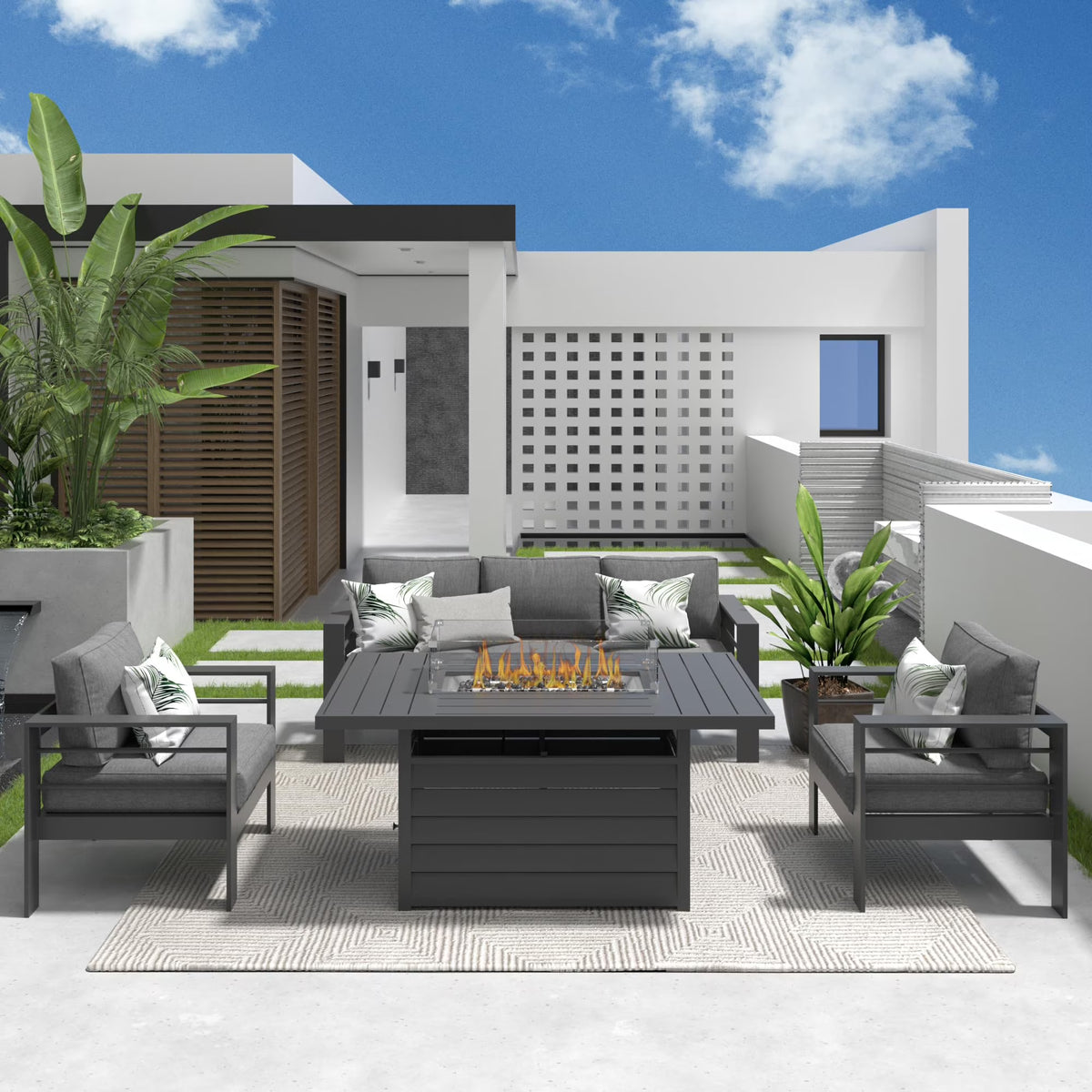 CozyHom 5 Pcs Outdoor Patio Aluminum Furniture Sofa Sets, Outside Patio Conversation Couch Sets With Table&Cushions for Garden Porch, Gray