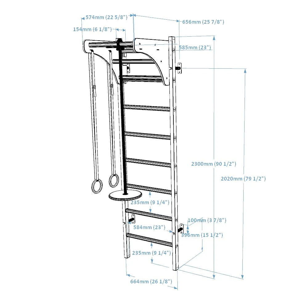 BenchK 211 Black + A076 Wall bars with adjustable beech wood pull-up bar and gymnastic accessories