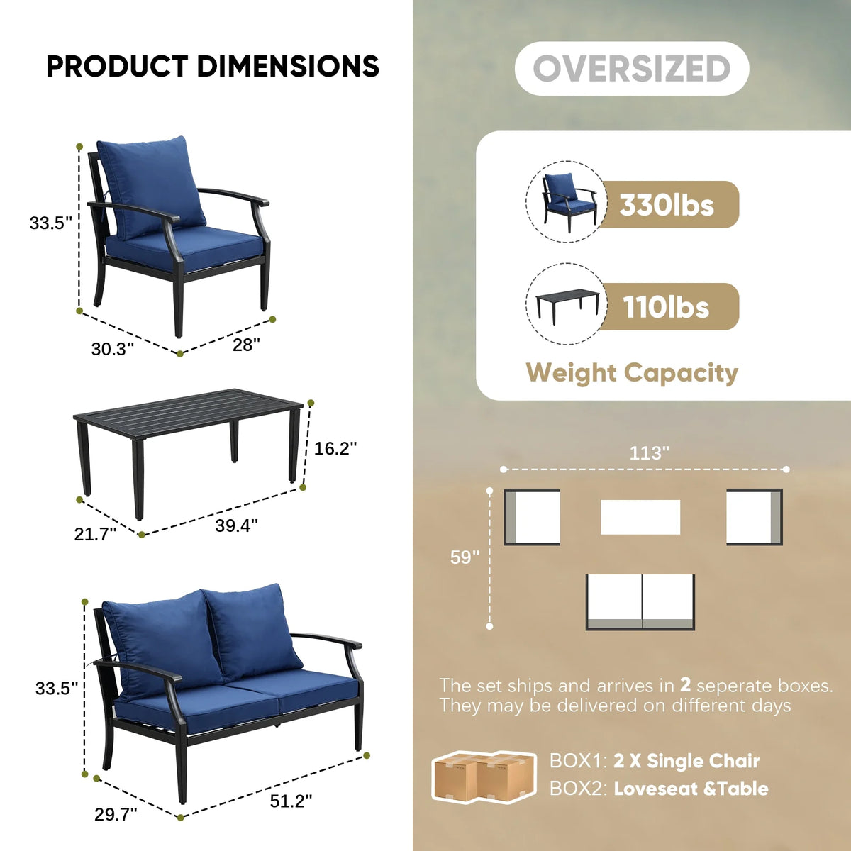 JOYURE 4 pieces Patio Furniture Set w/loveseat,Coffe Table,Outdoor Conversation Metal Sofa with High Back and Thick Cushion,for Backyard,Garden,Beige