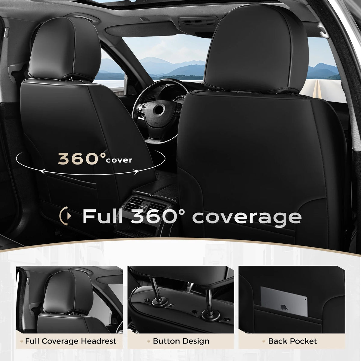 Coverado Black Front Car Seat Covers, Stylish Waterproof Premium Leather Automotive Seat Protectors, Airbag Compatible Auto Interior Accessories Universal Fit for Most Cars SUV Pick-up Trucks