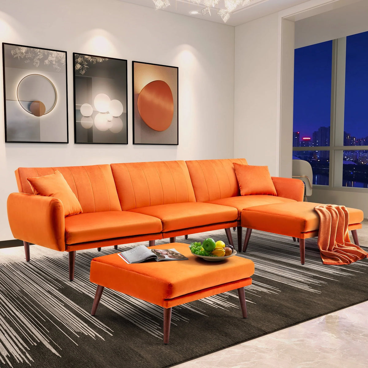 JOMEED Convertible Sectional Sofa Couch, Modern Oversized Velvet Fabric U-Shaped Couch Sofa Bed with Adjustable Backrest for Living Room, Apartment