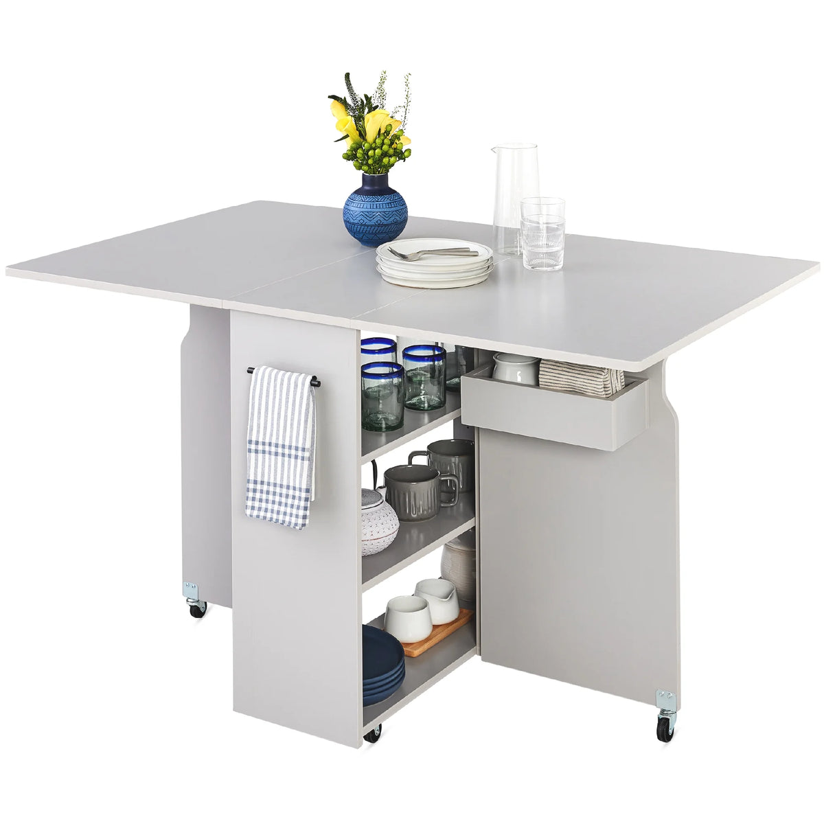 Best Choice Products Multipurpose Folding Table w/ Wheels, 3 Storage Shelves, Cubby, Handle - Brown