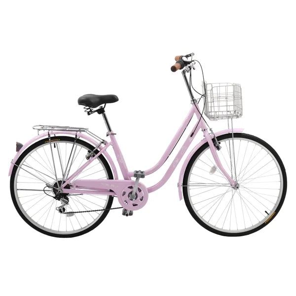 Ambifirner Women's Beach Cruiser Bike, 26in City Cruiser Bikes High Carbon Steel V Brake 7 Speed Commuter Bike with Basket & Mirror