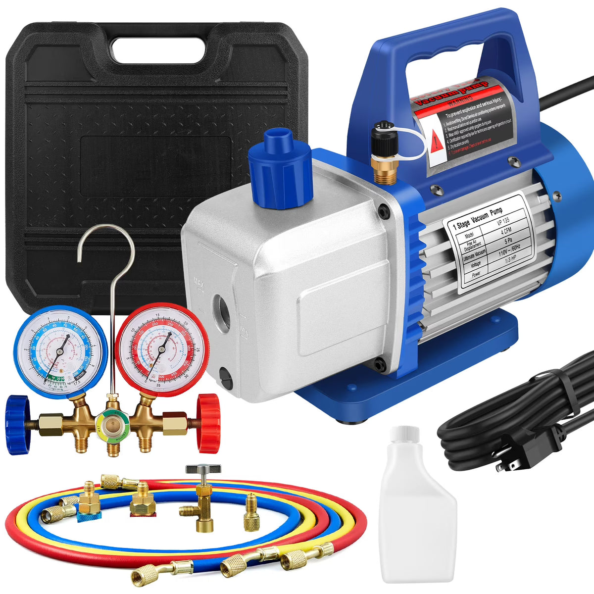AC Vacuum Pump and Gauge Set, 4 CFM Vacuum Pump Kit for AUTO/Mini Split System for R134a R410a R12 Refrigerants, with R134a Quick Couplers and Can Tap