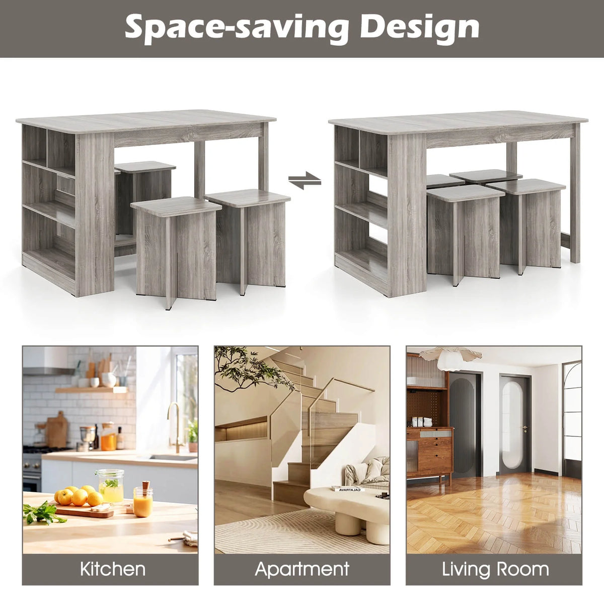 Costway 5 PCS Dining Table Set with Storage Shelf Rectangular Kitchen Table with 4 Stools Beige