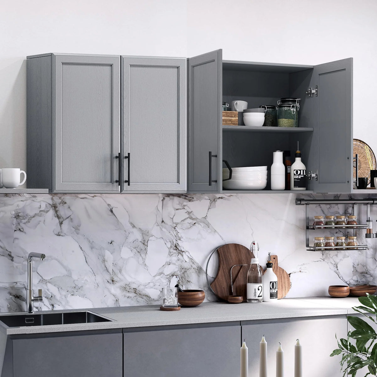 POLIHOME Display Wall Cabinet with Tempered Glass Doors��Storage Cabinet with Adjustable Shelves