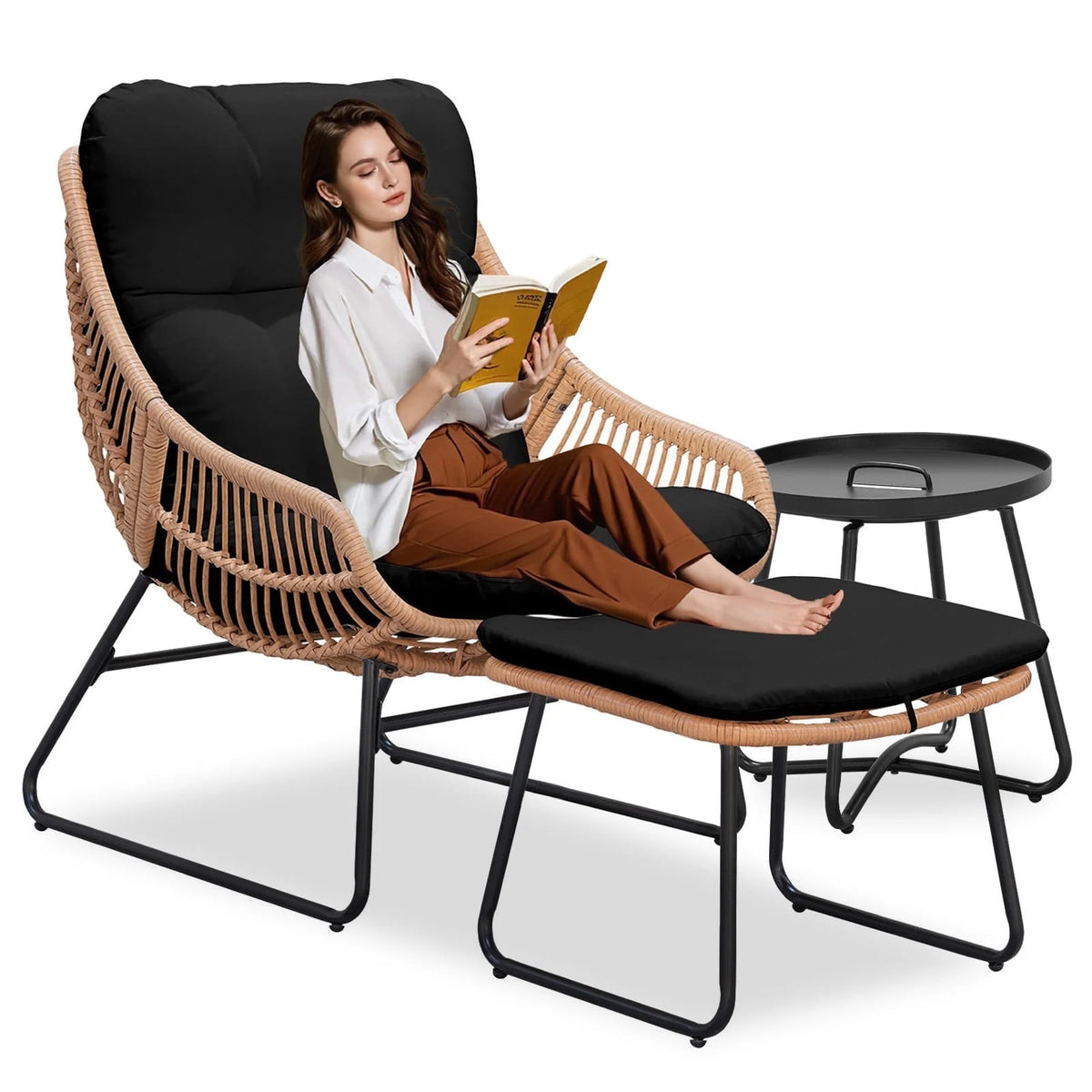 Tappio Wicker Papasan Egg Chair with Ottoman, Outdoor Patio Basket Lounge Chair Indoor Oversized Egg Lounger with Thick Cushion for Living Room Bedroom Balcony Porch, Black