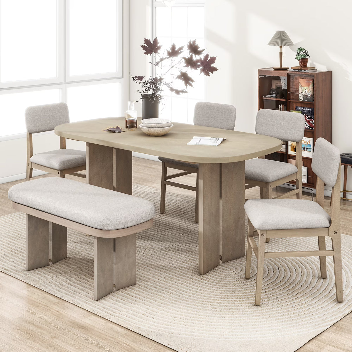 EUROCO 6-Piece Dining Table Set for 6, Rectangular Kitchen Table Set with Wood Frame, 4 Chairs and 1 Bench for Kitchen Dining Room Office,Natural