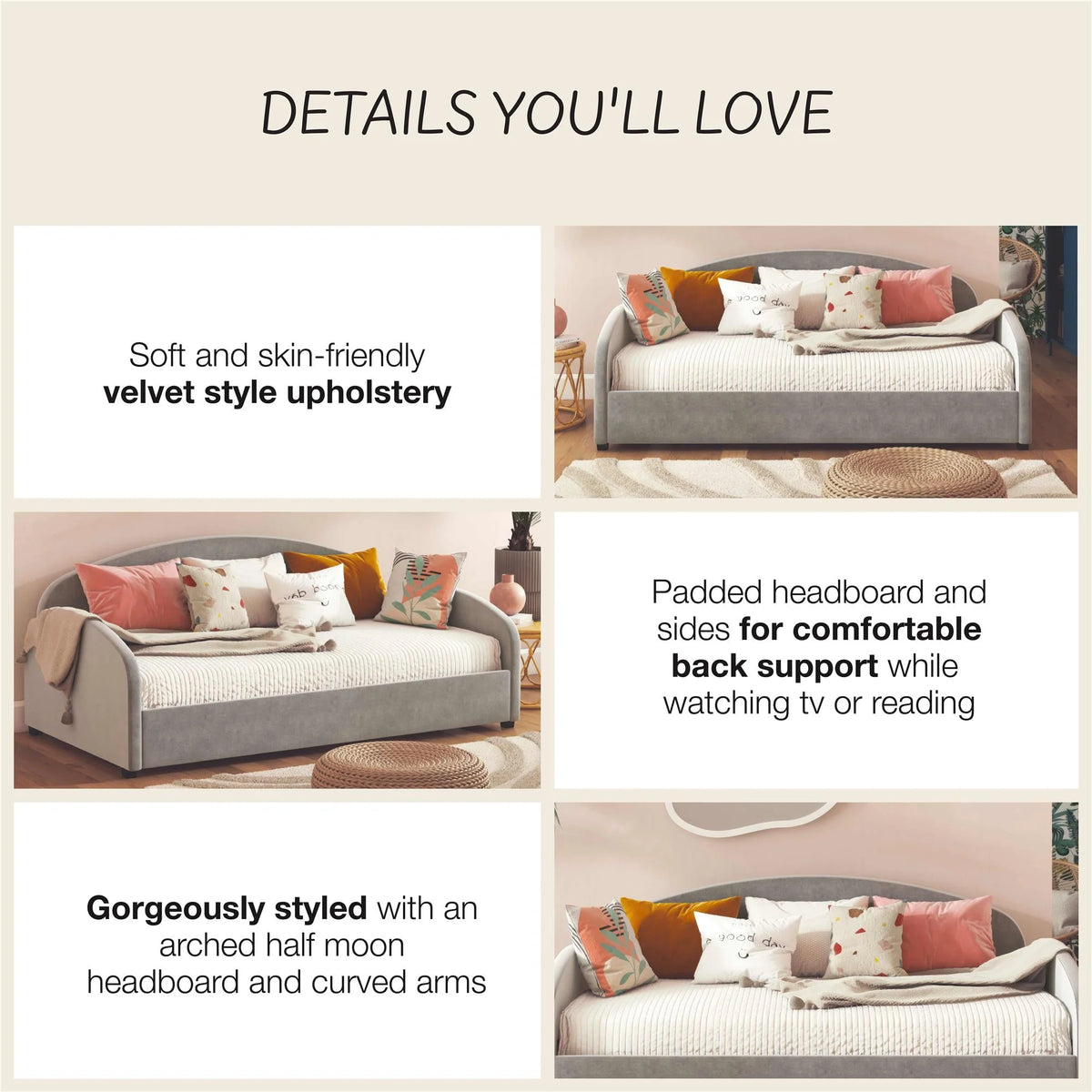 Mr. Kate Moon Upholstered Daybed Frame, Twin, Light Gray Velvet