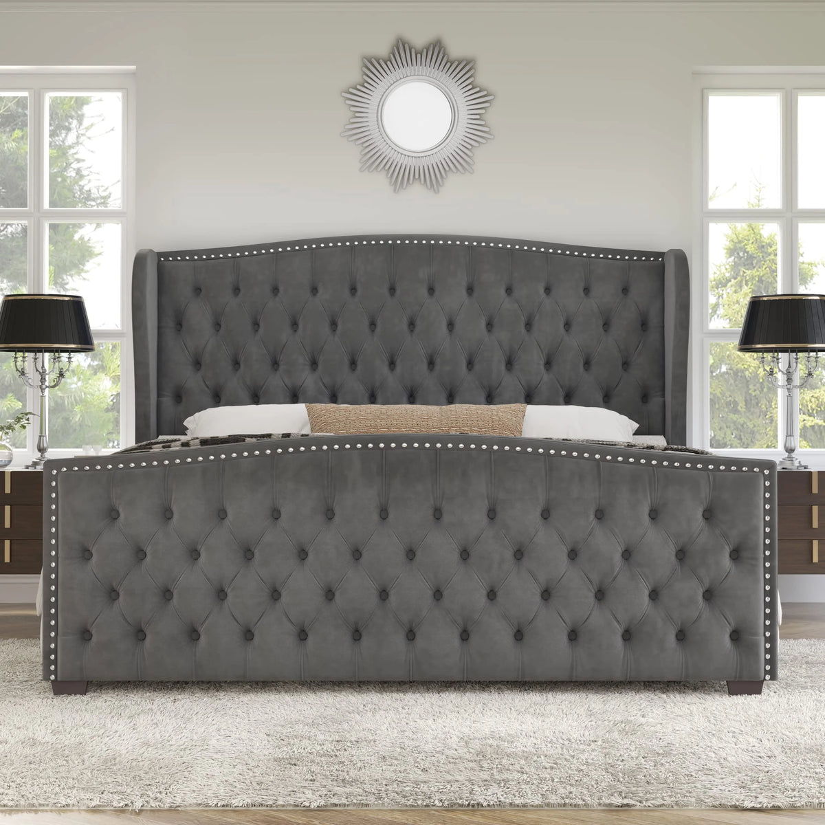 VANACC Queen Size Bed Frame, Velvet Upholstered Bed with Deep Button Tufted Wingback Headboard��Grey