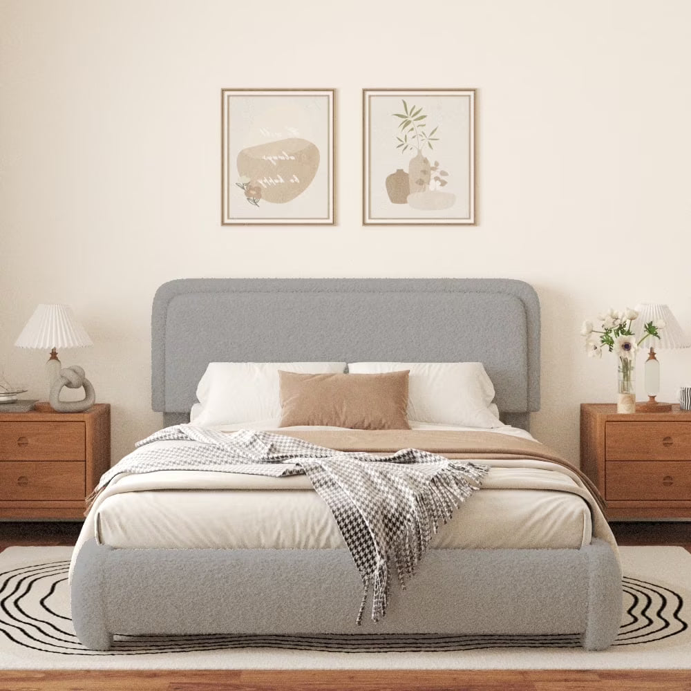 VIPLOV King Size Boucle Bed Frame, Cloud Upholstered Platform Bed with Height Adjustable Headboard & Soft Rounded Corners, No Noise Free, Easy Assembly,Beige