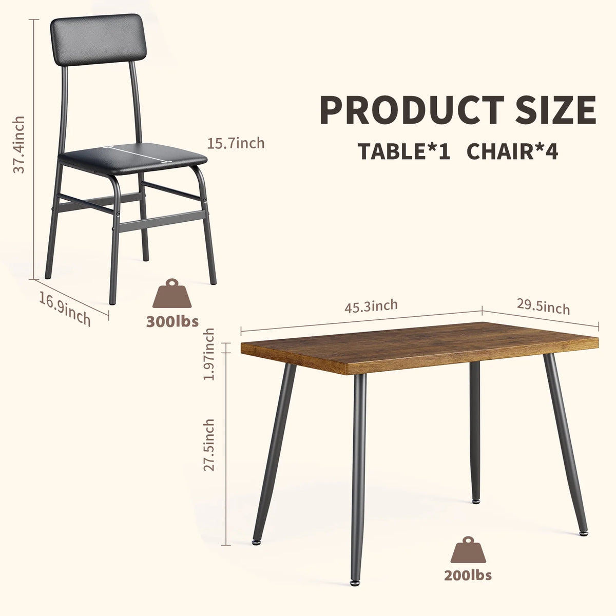 Aiho 5-Piece Modern Dining Set, Metal & Wood Table & 4 Chairs, Space-Saving for Small Spaces & Apartments, Retro