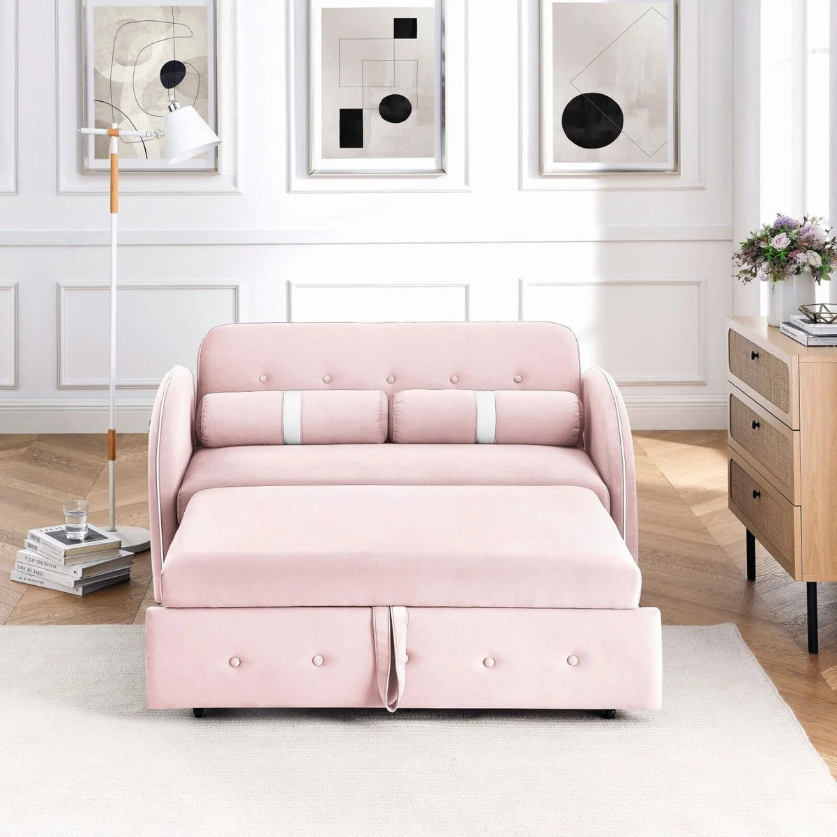 Modern Pull Out Sleeper Sofa Bed, Velvet Convertible Couch Loveseat with Adjsutable Backrest Side Pockets for Living Room Bedroom Apartment Office