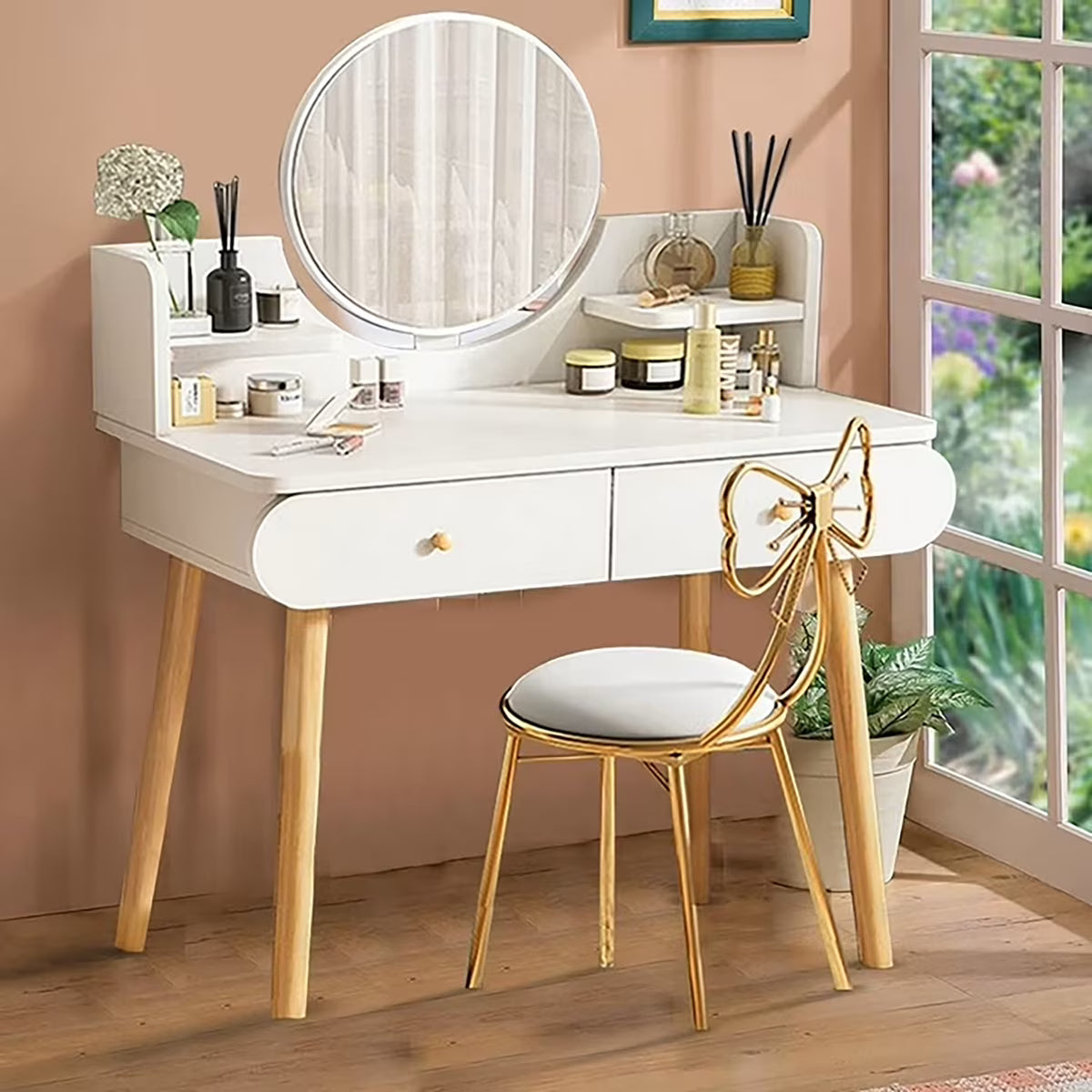 SolarSoda Vanity Table with Mirror, 2 Drawers Makeup Dressing Desk, Teen Adult(Without Stool)