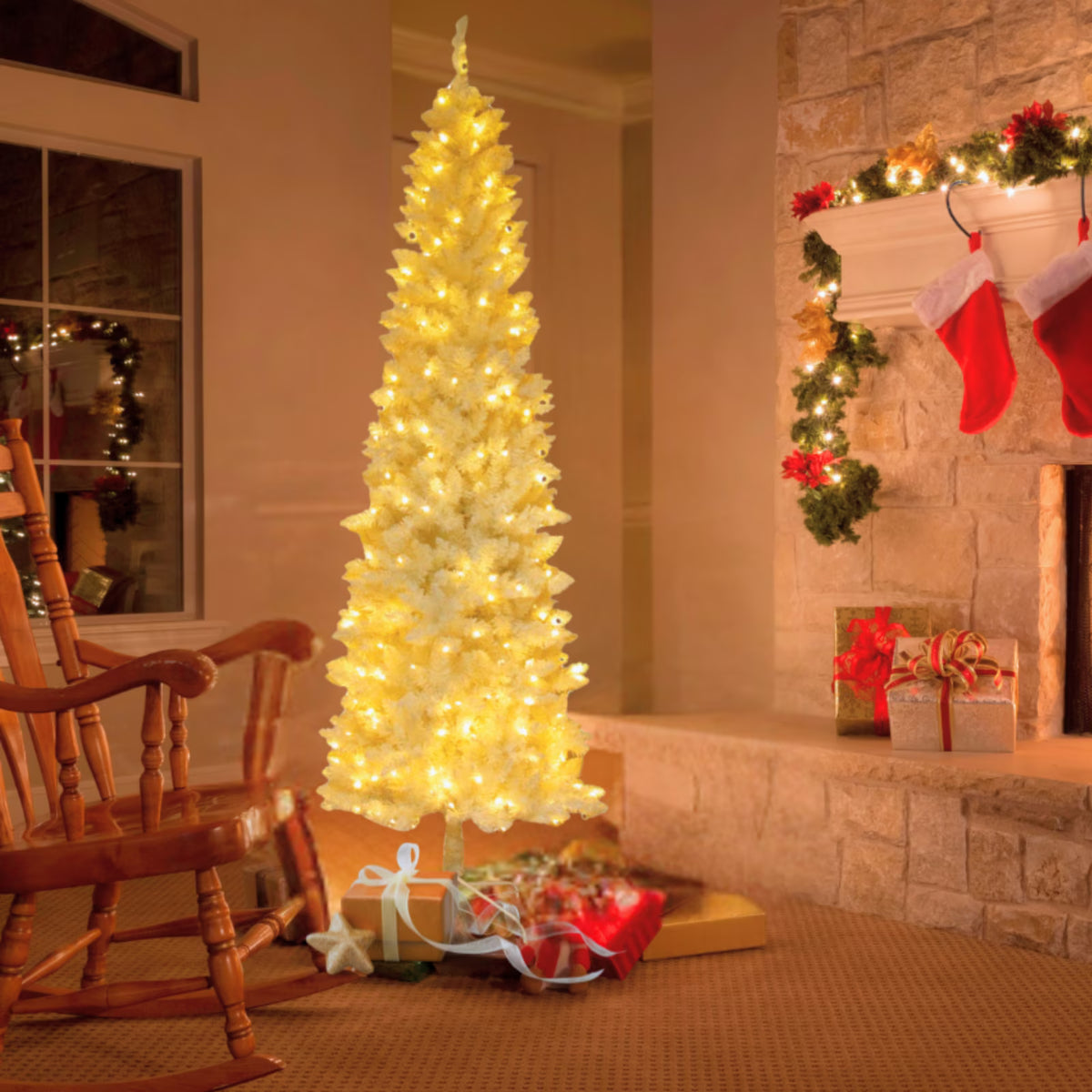 Ktaxon 6.5FT Pre-Lit Christmas Tree, Warm White Lights Pencil Xmas Tree, Slim Christmas Tree with 719 Tips, White