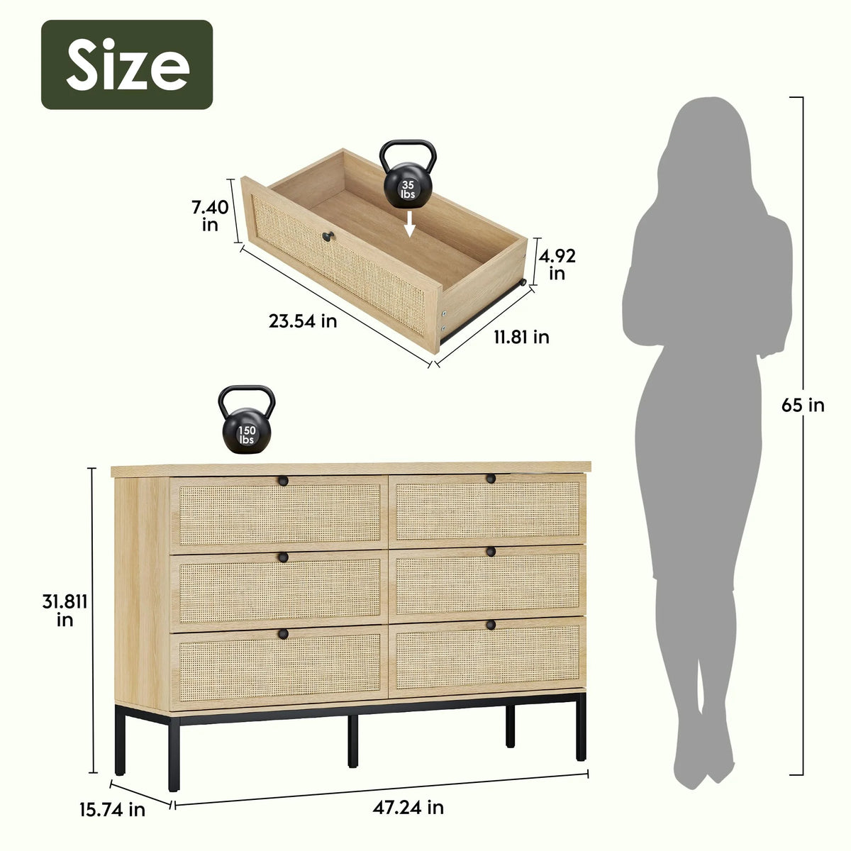 Brafabhome Rattan 6 Drawers Dresser for Bedroom, Vintage Boho Double Dresser Wicker Chest with Wooden Legs for Living Room Hallway| Mint