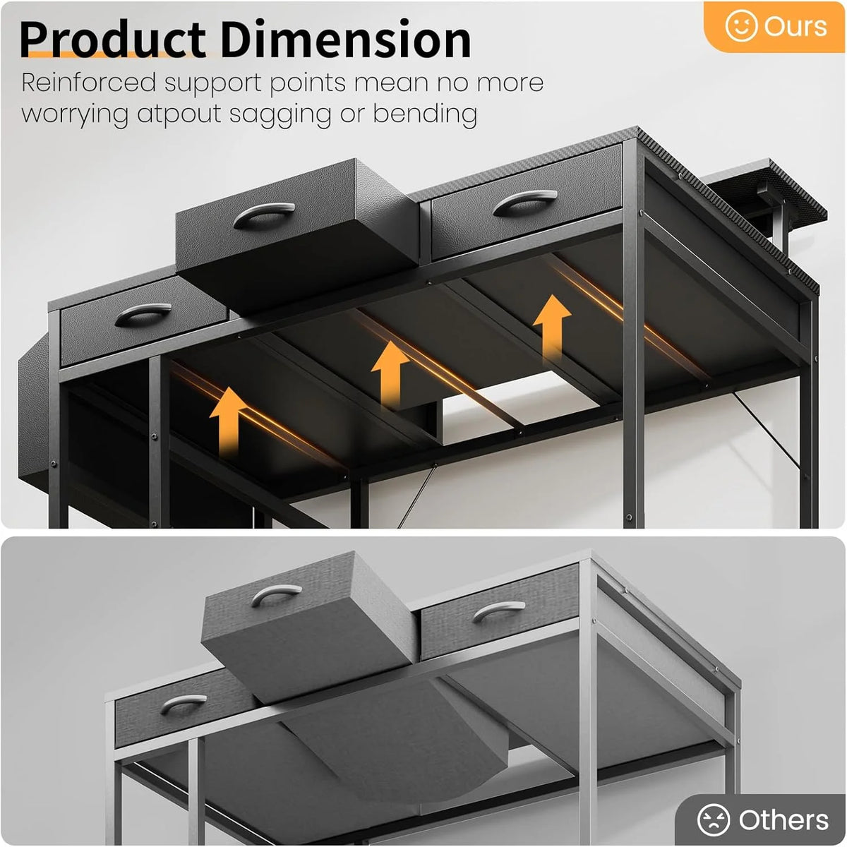 Upgo 55" Gaming Desk with Adjustable Storage Rack & LED Lights, Power Outlets for Adult and Teen