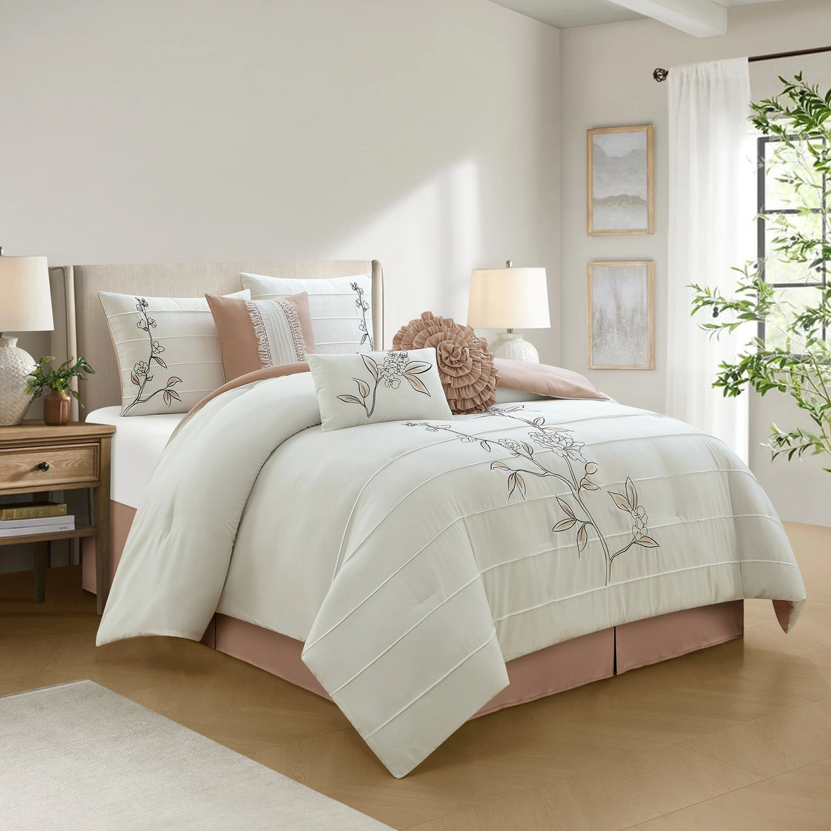 Lanco Blush Floral Queen Comforter Set, 7 Piece, Microfiber Pleating & Embroidery Bedding Sets & Collections
