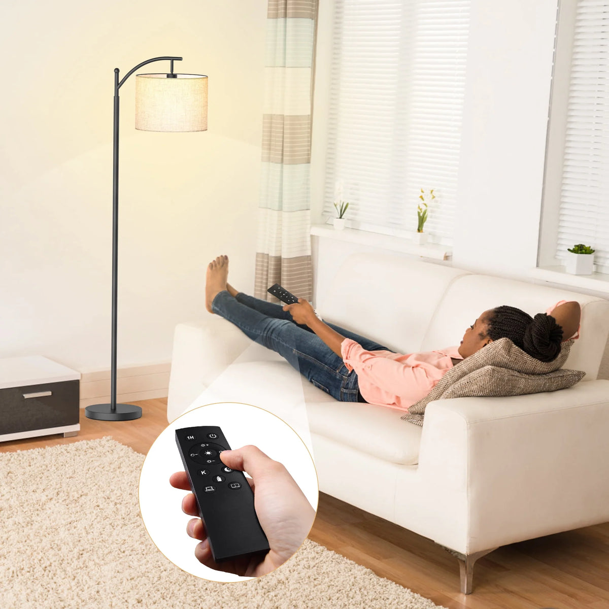 Pazzo Metal Arc Floor Lamp with Remote Control & Stepless Dimmable Bulb, for Living Room, Bedroom, Black