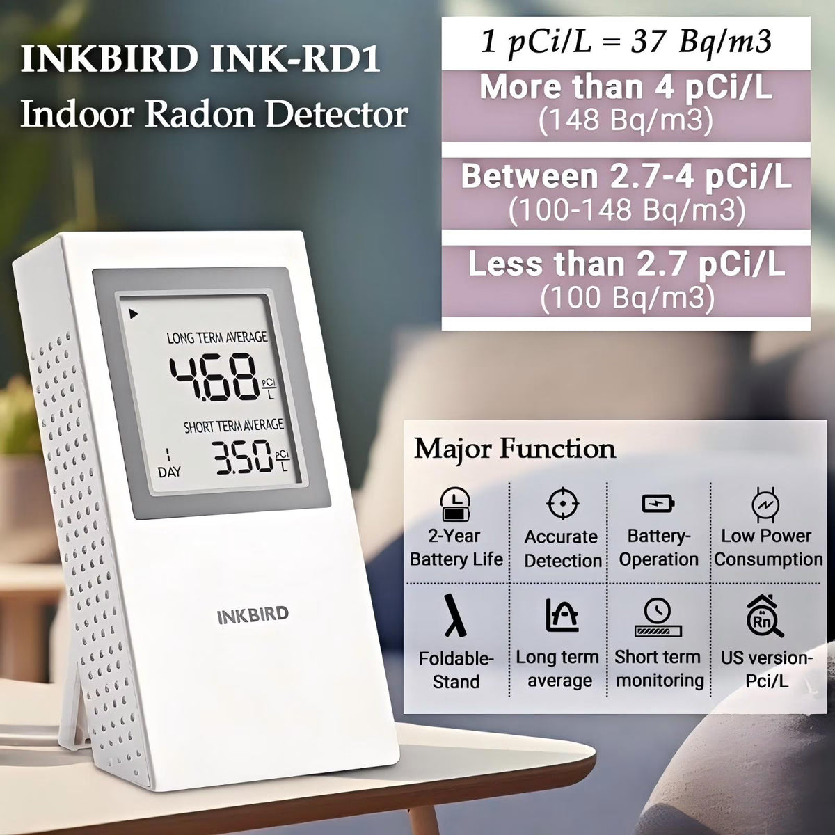 Inkird Home Radon Detector, Portable Radon Meter, Short-Term and Long-Term Accurate  Monitoring 2-Year Battery,White