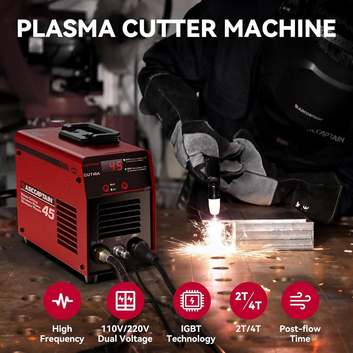 ARCCAPTAIN Plasma Cutter, 45Amp Cutter Machine, 110V/220V Dual Voltage Digital Display IGBT Inverter Plasma Cutting Machine with 2T/4T Function