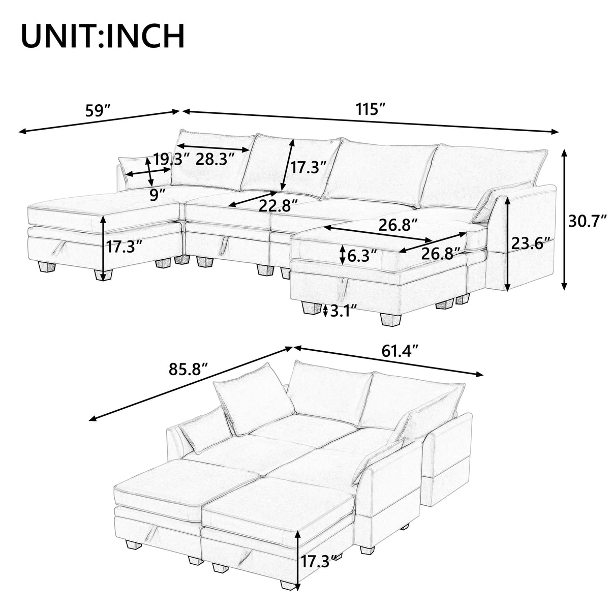 EUROCO 115" Large U/L Shaped Sectional Sofa, 1200LBS 6 Seat Convertible Couch Queen Size Sleeper Bed with Storage Seat and Removable Cushions, Modular Sofa with 2 Stools