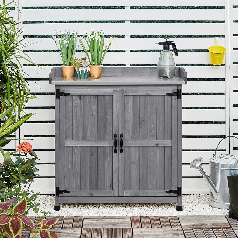 Renwick Garden Potting Bench Table with Cabinet, Brown