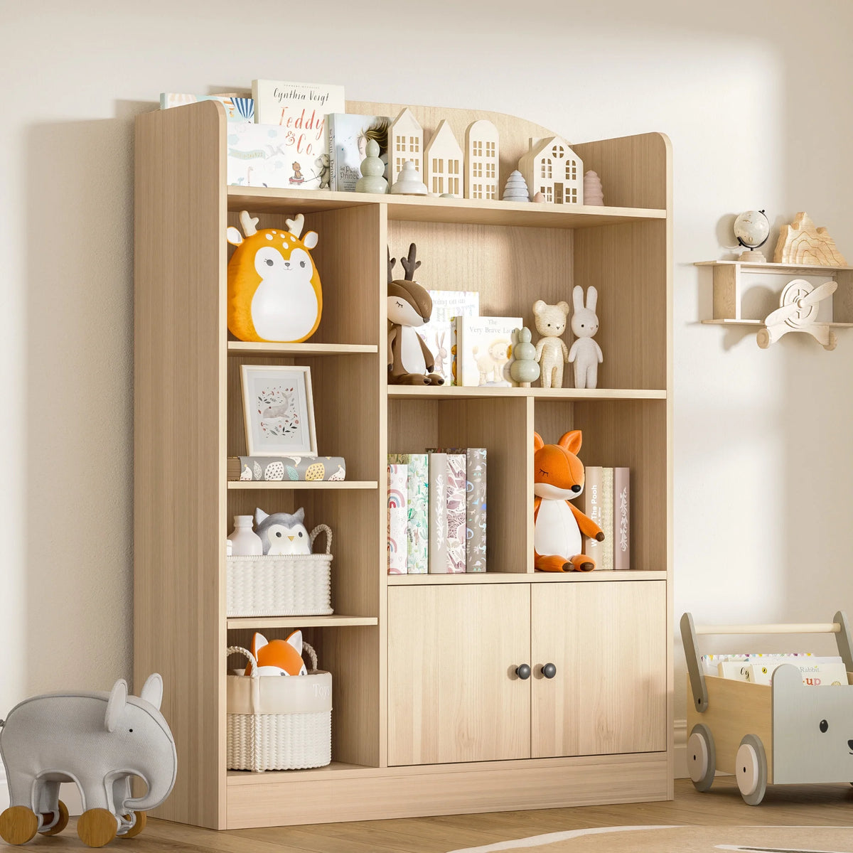DIYART White Kids Bookshelf, Kids Bookcase with 7 Cubbies and 2 Cabinets, Freestanding Book Storage Shelves for Bedroom, Playroom, Hallway