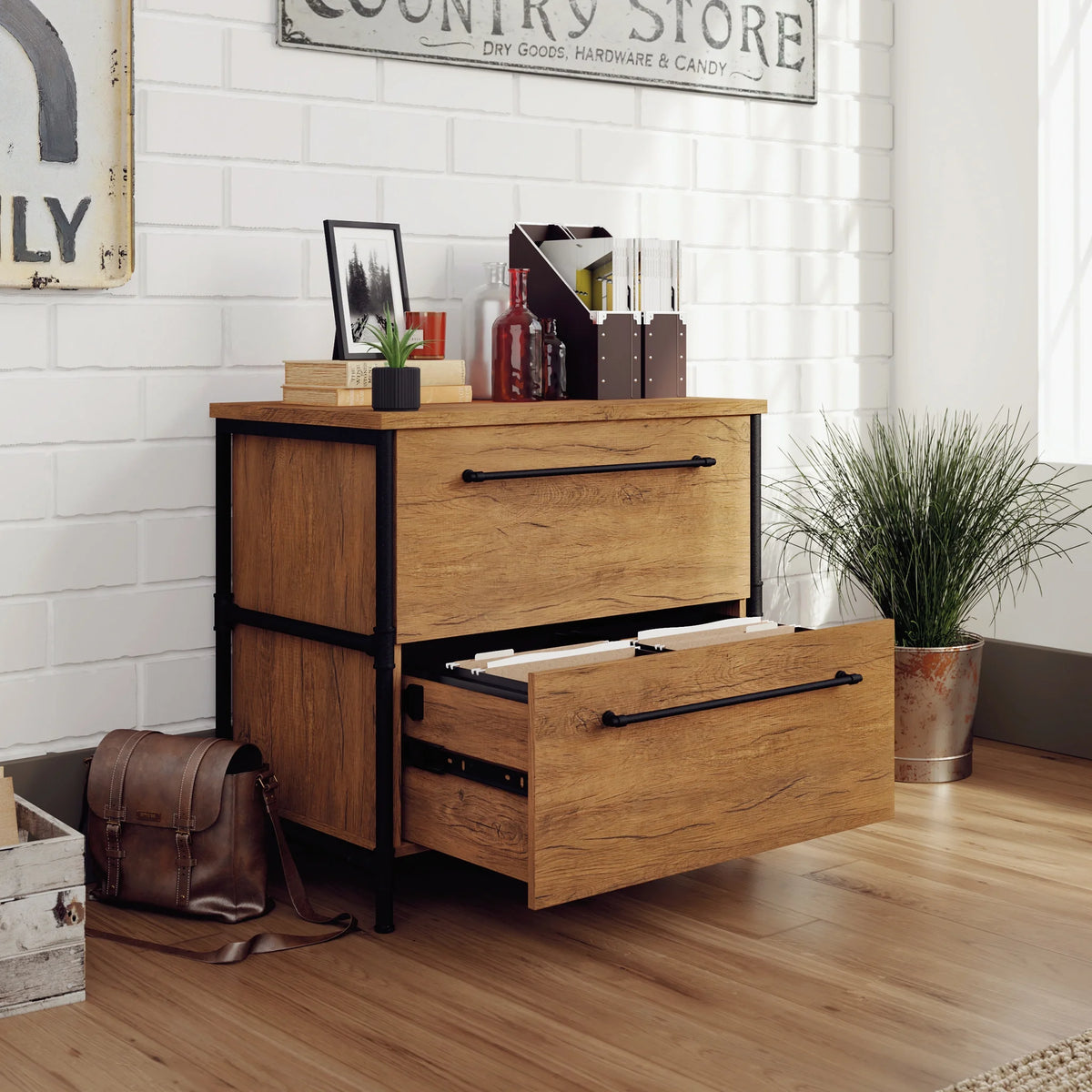 Sauder Iron City Industrial 2 Drawer Lateral File Cabinet, Checked Oak Finish