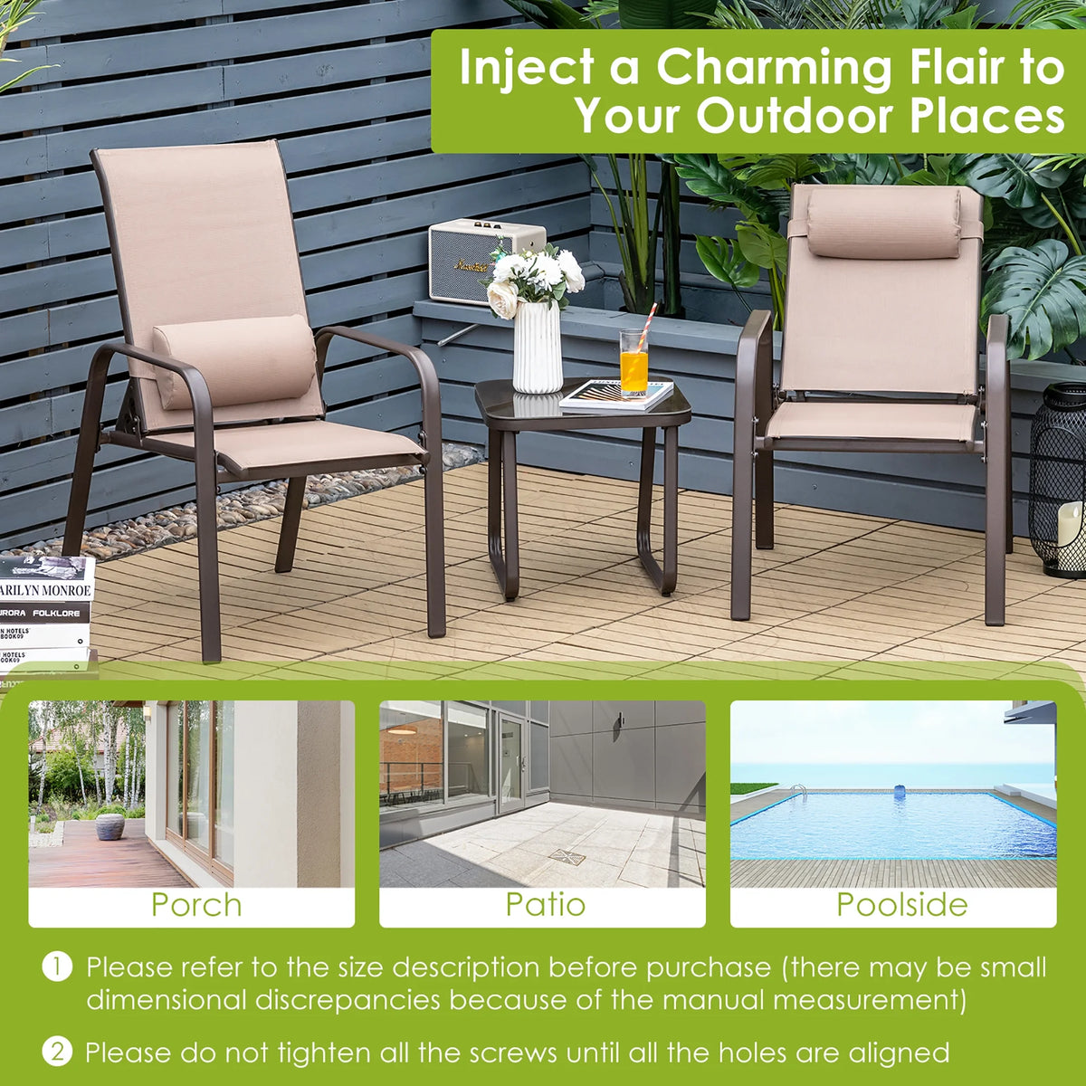 Costway 3PCS Patio Bistro Furniture Set Adjustable Back Stackable Chairs Black